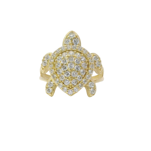 14KT Gold Ring Women's White CZ Stone Sea Turtle with Plain Border Shell and Plain Split Band