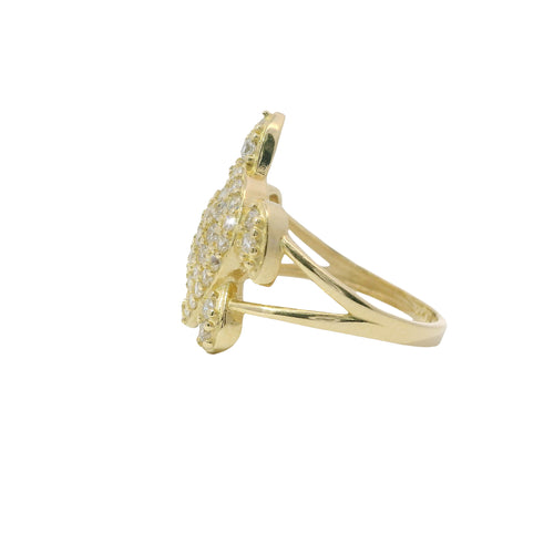 14KT Gold Ring Women's White CZ Stone Sea Turtle with Plain Border Shell and Plain Split Band