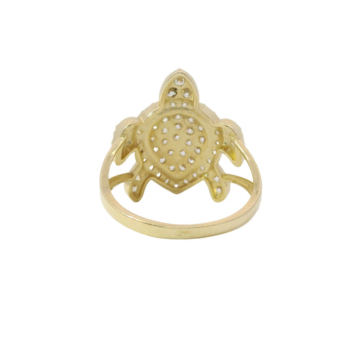 14KT Gold Ring Women's White CZ Stone Sea Turtle with Plain Border Shell and Plain Split Band