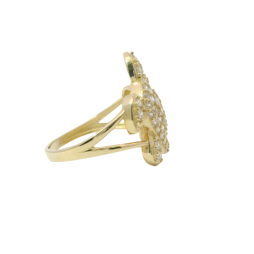 14KT Gold Ring Women's White CZ Stone Sea Turtle with Plain Border Shell and Plain Split Band