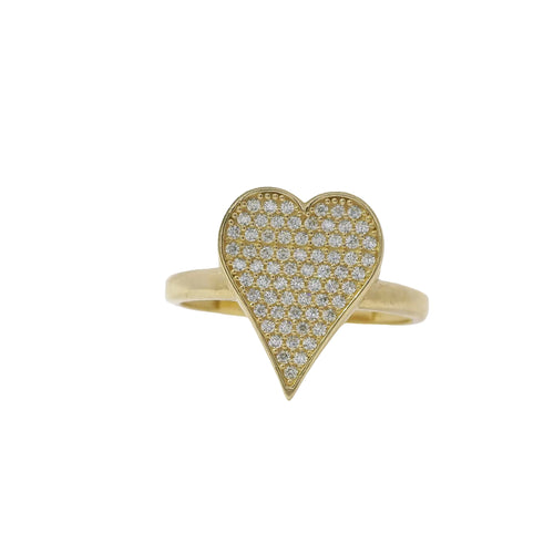 14KT Gold Ring Women's White CZ Stones Tall Heart with Plain Border and Band