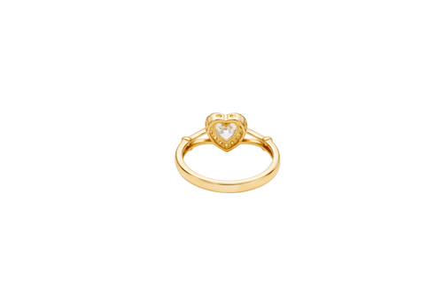 14KT Gold Ring Women's White Heart Shape Center CZ Stone with White CZ Stone Border and Plain Split Band with Knots