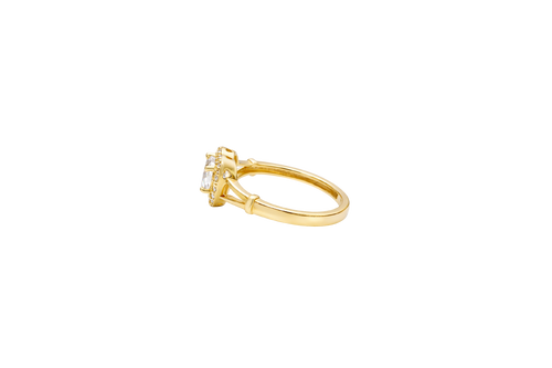 14KT Gold Ring Women's White Heart Shape Center CZ Stone with White CZ Stone Border and Plain Split Band with Knots