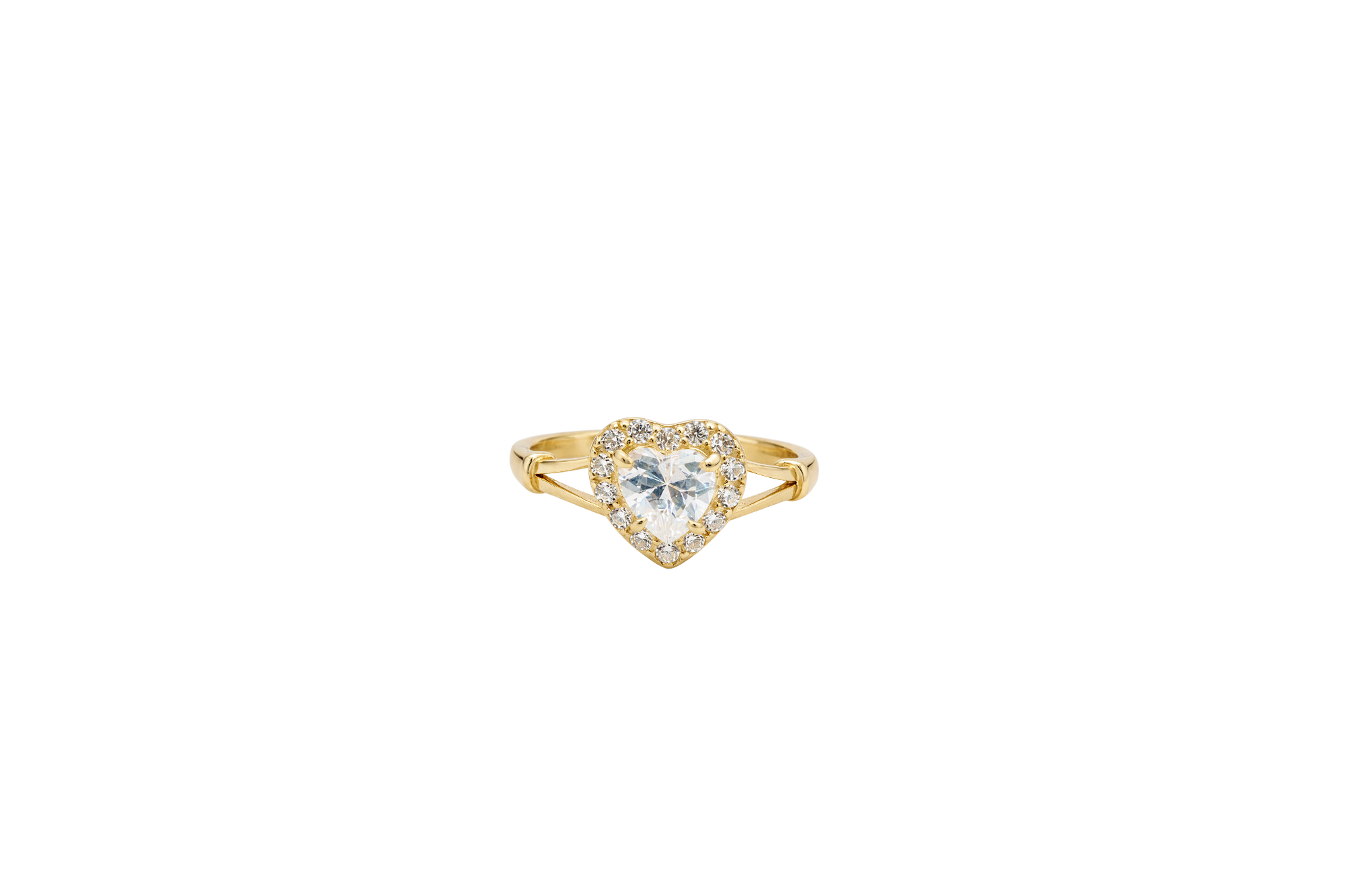 14KT Gold Ring Women's White Heart Shape Center CZ Stone with White CZ Stone Border and Plain Split Band with Knots
