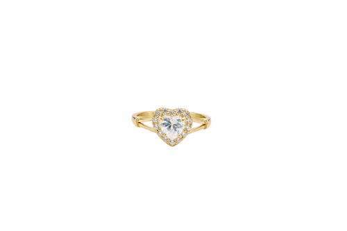 14KT Gold Ring Women's White Heart Shape Center CZ Stone with White CZ Stone Border and Plain Split Band with Knots