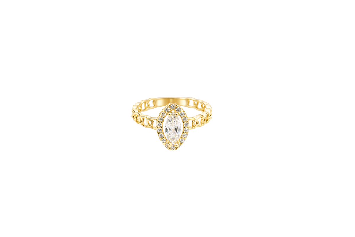 14KT Gold Women's Ring Marquise White Center Stone with White CZ Stone Border Chino Band