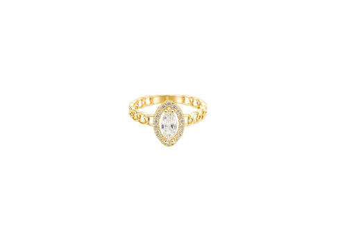 14KT Gold Women's Ring Marquise White Center Stone with White CZ Stone Border Chino Band