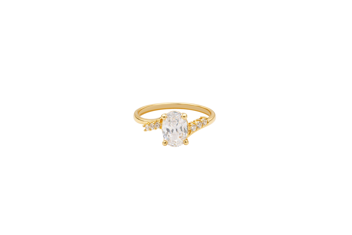 14KT Gold Ring Women's White Oval Center CZ Stone with 3 High/Low Round White CZ Stones Shoulders and Plain Band