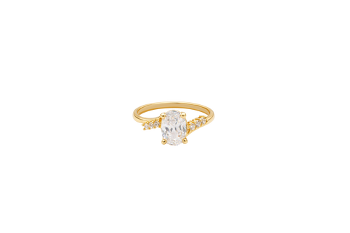 14KT Gold Ring Women's White Oval Center CZ Stone with 3 High/Low Round White CZ Stones Shoulders and Plain Band