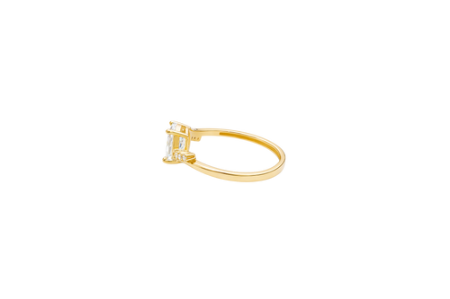 14KT Gold Ring Women's White Oval Center CZ Stone with 3 High/Low Round White CZ Stones Shoulders and Plain Band