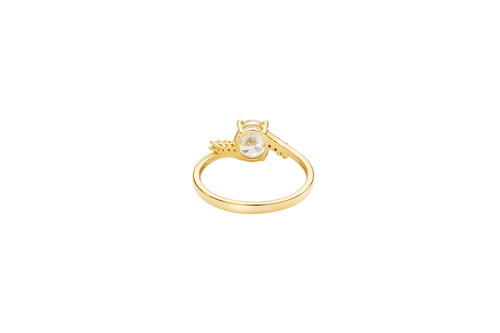 14KT Gold Ring Women's White Oval Center CZ Stone with 3 High/Low Round White CZ Stones Shoulders and Plain Band
