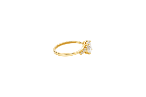 14KT Gold Ring Women's White Oval Center CZ Stone with 3 High/Low Round White CZ Stones Shoulders and Plain Band