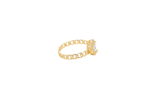 14KT Gold Ring Women's Pear White Center Stone with White CZ Stone Border Chino Band