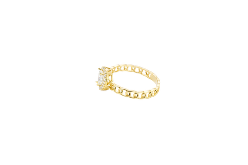 14KT Gold Ring Women's Pear White Center Stone with White CZ Stone Border Chino Band