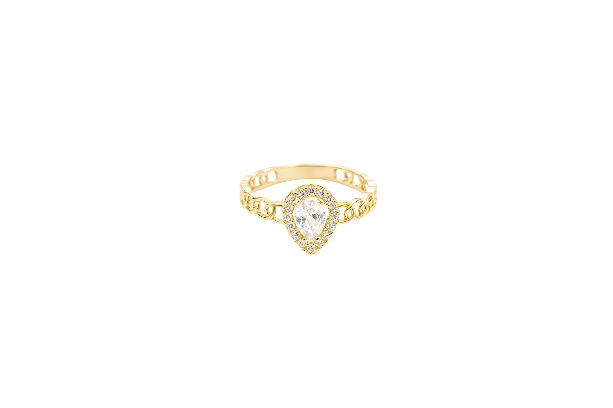 14KT Gold Ring Women's Pear White Center Stone with White CZ Stone Border Chino Band