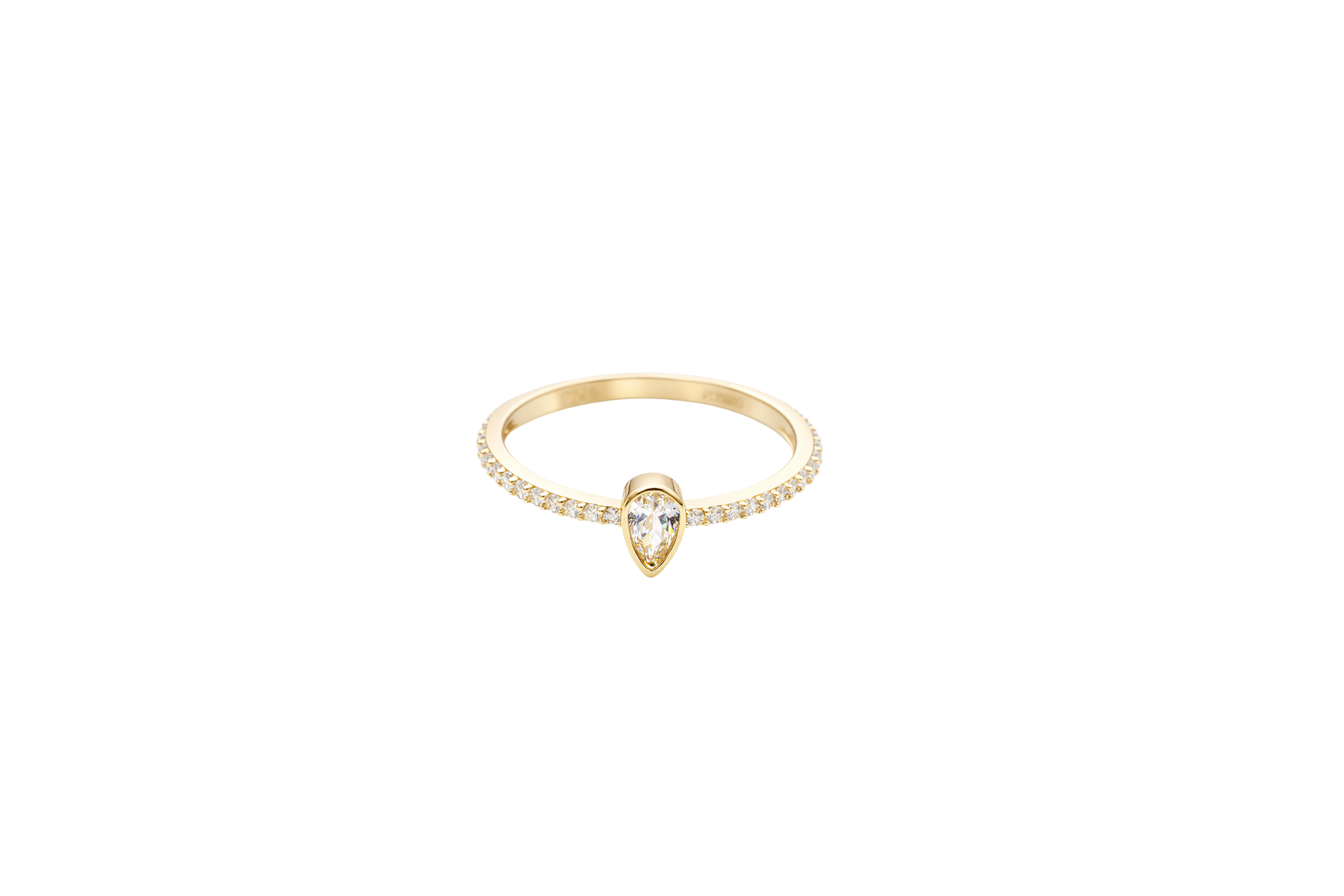 14KT Gold Ring Women's White Pear Tear Drop Center CZ Stone with Round White CZ Stones Band