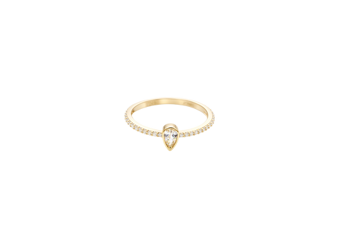 14KT Gold Ring Women's White Pear Tear Drop Center CZ Stone with Round White CZ Stones Band
