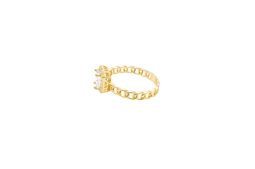 14KT Gold Ring Women's Rectangle White Center Stone with White CZ Stone Border Chino Band