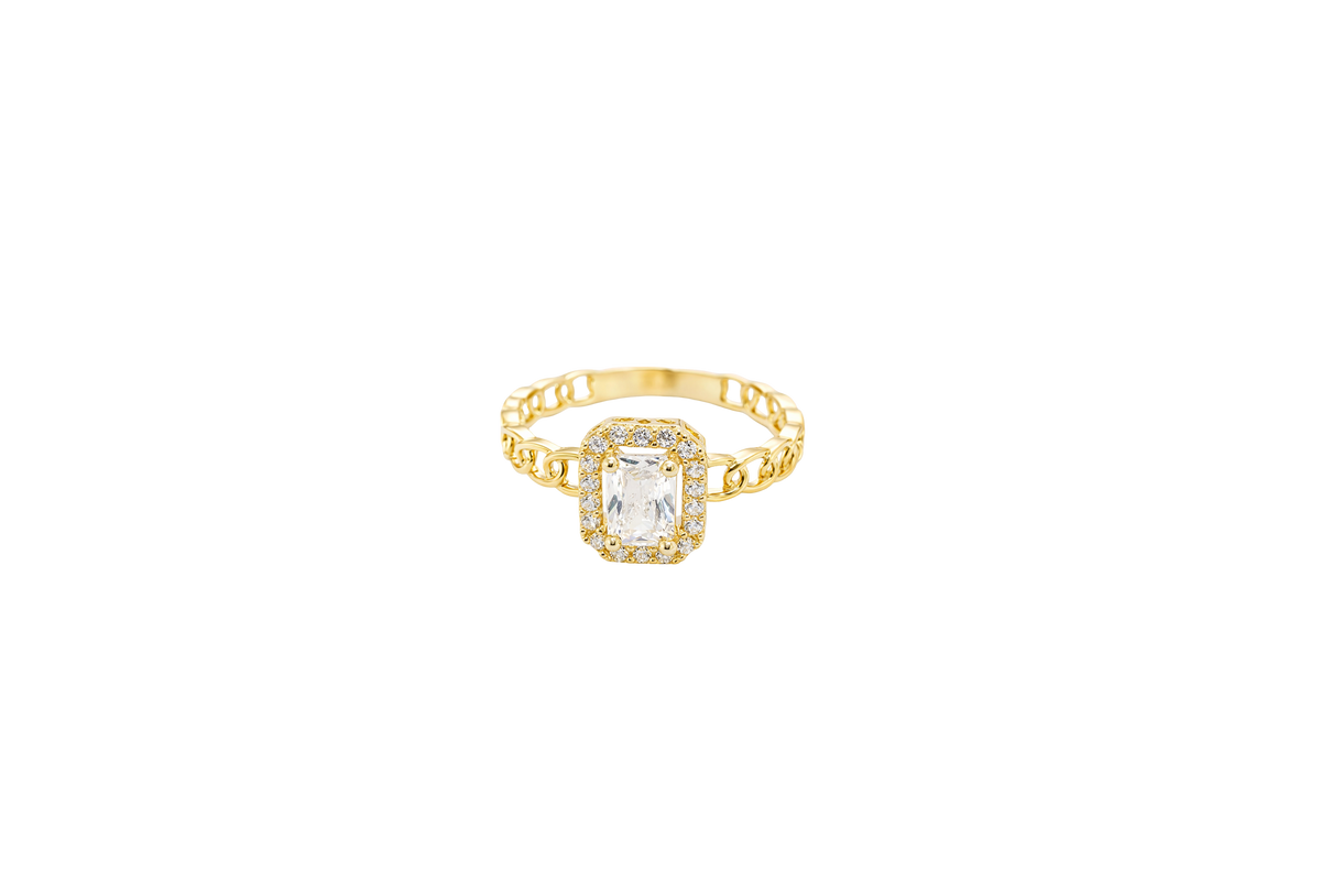 14KT Gold Ring Women's Rectangle White Center Stone with White CZ Stone Border Chino Band