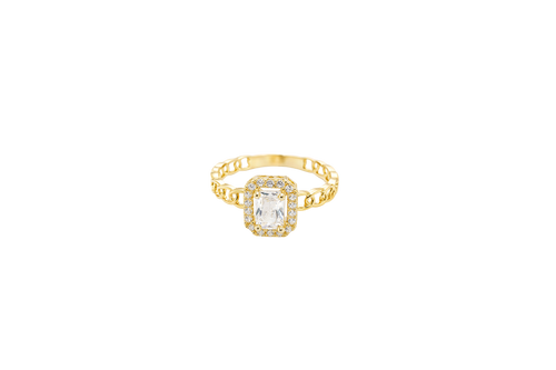 14KT Gold Ring Women's Rectangle White Center Stone with White CZ Stone Border Chino Band
