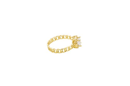 14KT Gold Ring Women's Round White Center Stone with White CZ Stone Border Chino Band
