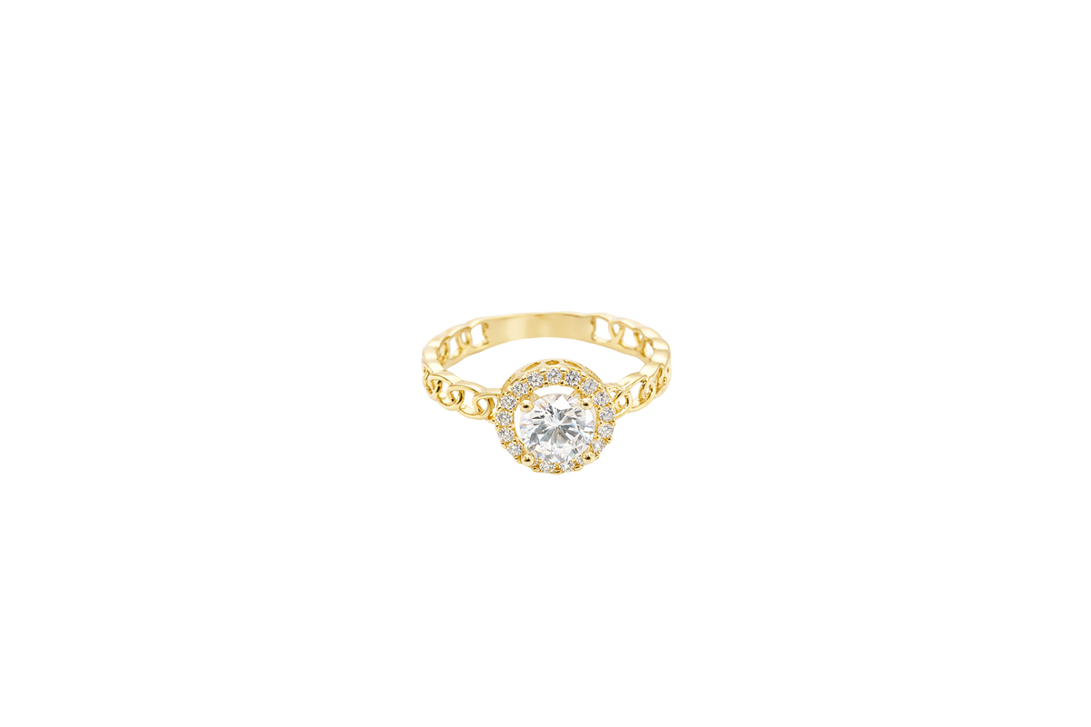 14KT Gold Ring Women's Round White Center Stone with White CZ Stone Border Chino Band