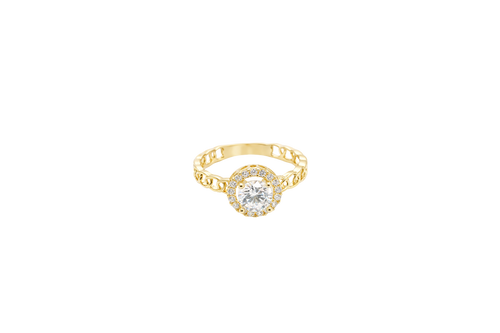 14KT Gold Ring Women's Round White Center Stone with White CZ Stone Border Chino Band