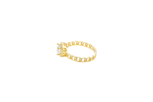 14KT Gold Ring Women's Round White Center Stone with White CZ Stone Border Chino Band