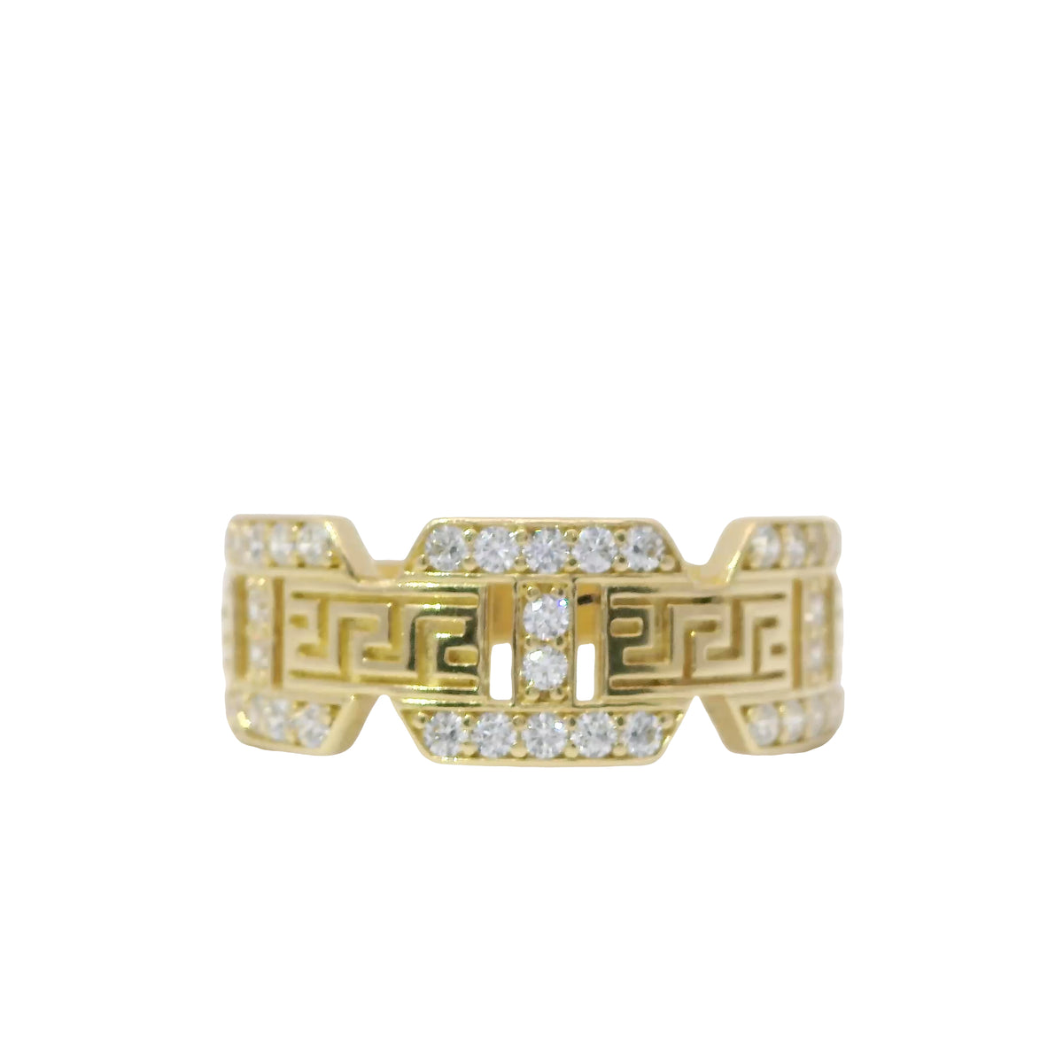 14KT Gold Ring Women's Mini White CZ Stones Mariner Link with Plain Greek Center Band