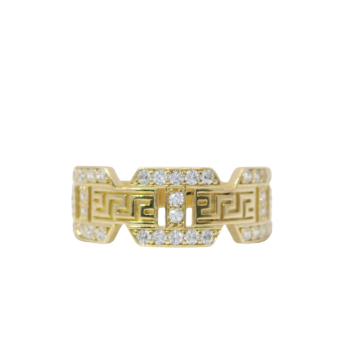 14KT Gold Ring Women's Mini White CZ Stones Mariner Link with Plain Greek Center Band