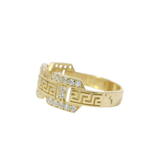 14KT Gold Ring Women's Mini White CZ Stones Mariner Link with Plain Greek Center Band