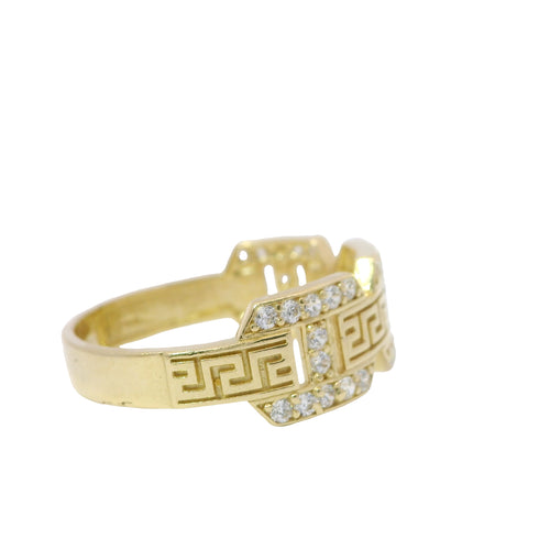 14KT Gold Ring Women's Mini White CZ Stones Mariner Link with Plain Greek Center Band
