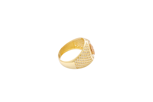14KT Gold Ring Women's Round Two Tone St. Jude Coin Center White CZ Stones Background Edge Band with Plain Borders