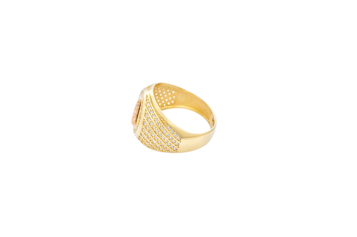 14KT Gold Ring Women's Round Two Tone St. Jude Coin Center White CZ Stones Background Edge Band with Plain Borders