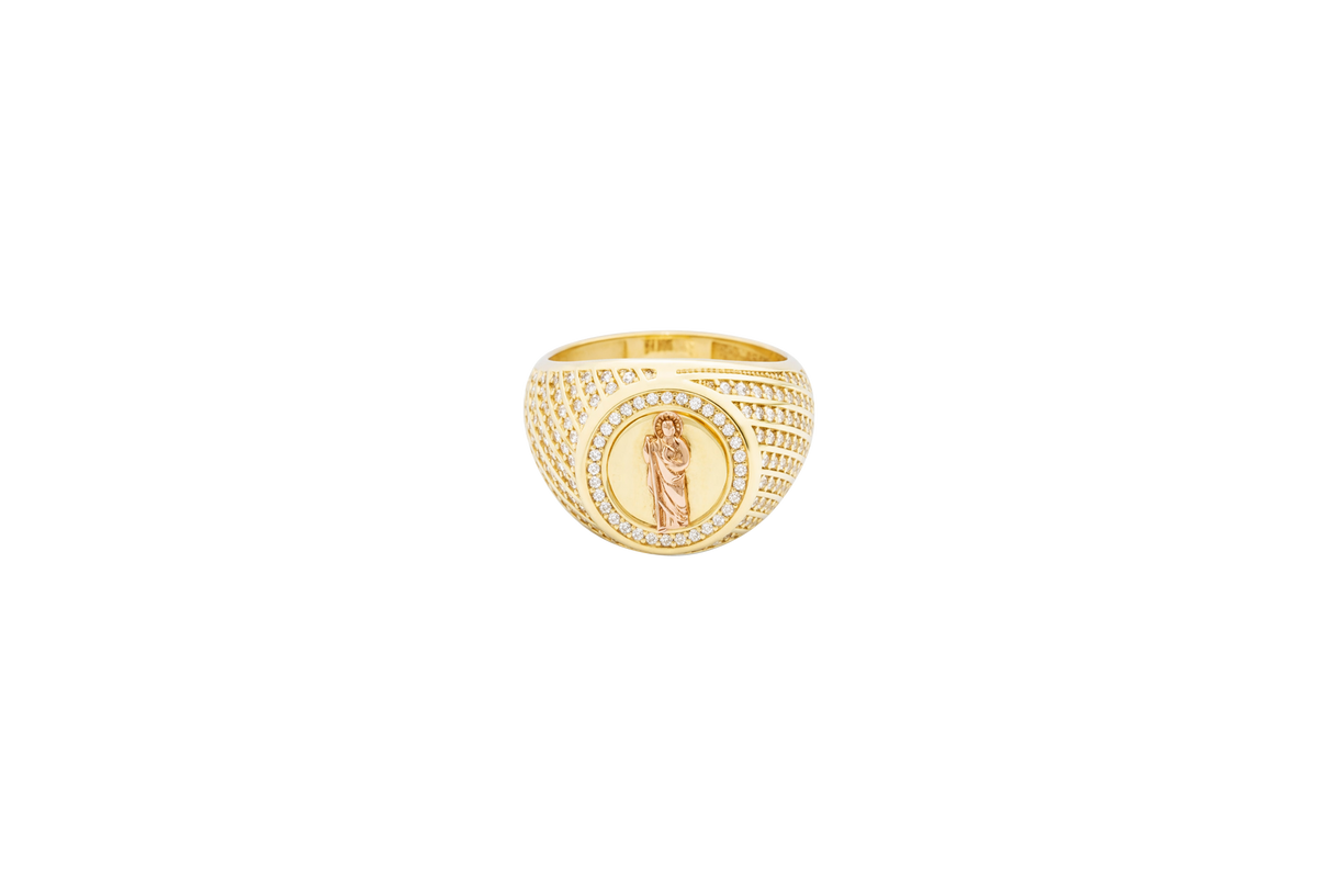14KT Gold Ring Women's Round Two Tone St. Jude Coin Center White CZ Stones Background Edge Band with Plain Borders