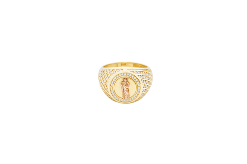 14KT Gold Ring Women's Round Two Tone St. Jude Coin Center White CZ Stones Background Edge Band with Plain Borders