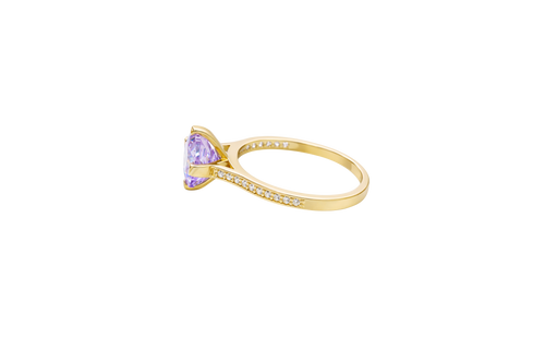 14KT Gold Ring Women's Octagon Rose Mini 4 Prong Lavender CZ Center Stone with Round White Pave CZ Stone Band