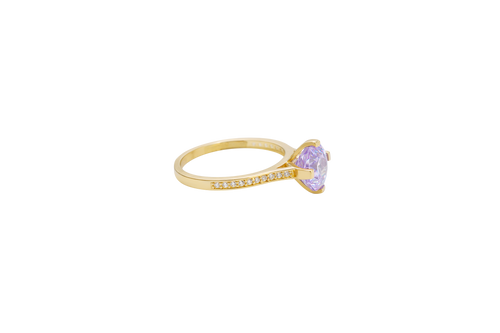 14KT Gold Ring Women's Octagon Rose Mini 4 Prong Lavender CZ Center Stone with Round White Pave CZ Stone Band