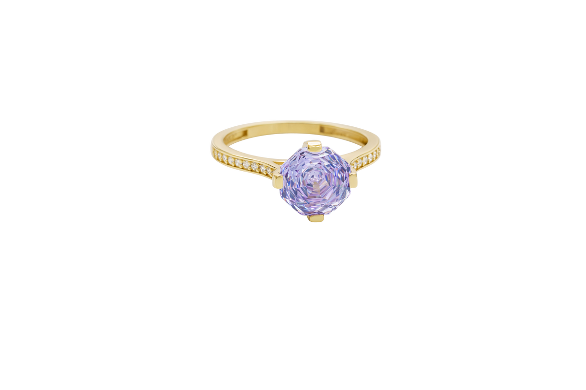 14KT Gold Ring Women's Octagon Rose Mini 4 Prong Lavender CZ Center Stone with Round White Pave CZ Stone Band