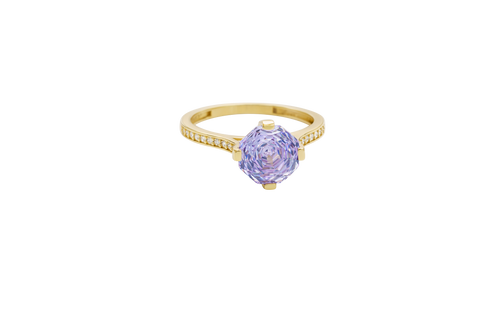 14KT Gold Ring Women's Octagon Rose Mini 4 Prong Lavender CZ Center Stone with Round White Pave CZ Stone Band