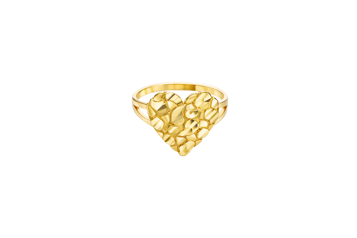 14KT Gold Ring Women's Medium Nugget Heart Shape with Plain Split Band