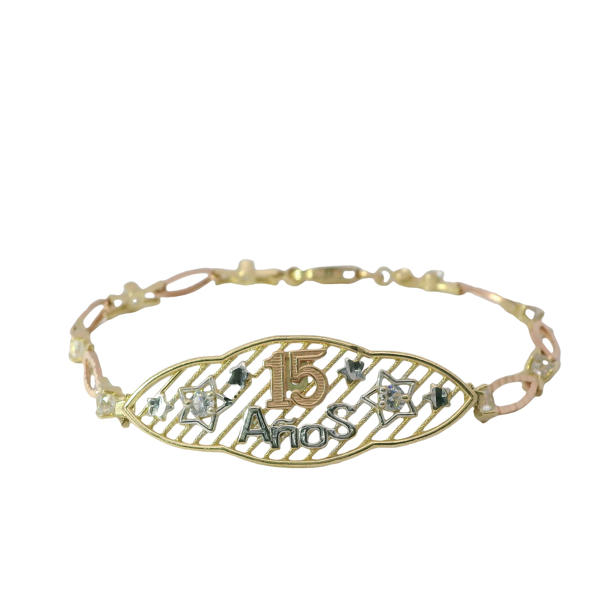 14KT Gold Bracelet Women's Tri Tone "15 Anos" Quinceanera Center Two Round White CZ Stone Center Stars Stripe Background Plaque with Alternating White CZ Stone / Eye Shape Band 4.5mm