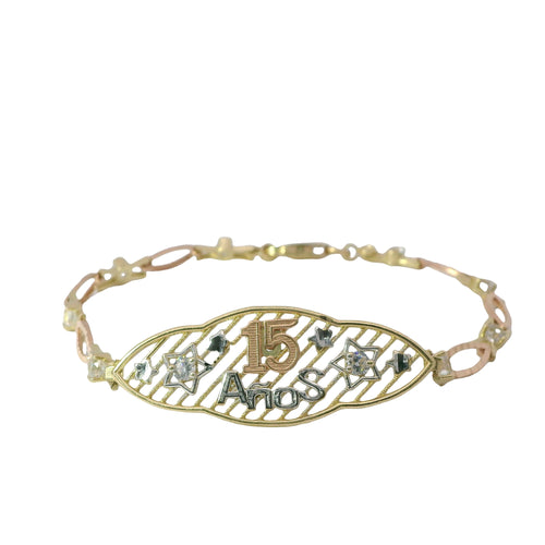 14KT Gold Bracelet Women's Tri Tone "15 Anos" Quinceanera Center Two Round White CZ Stone Center Stars Stripe Background Plaque with Alternating White CZ Stone / Eye Shape Band 4.5mm