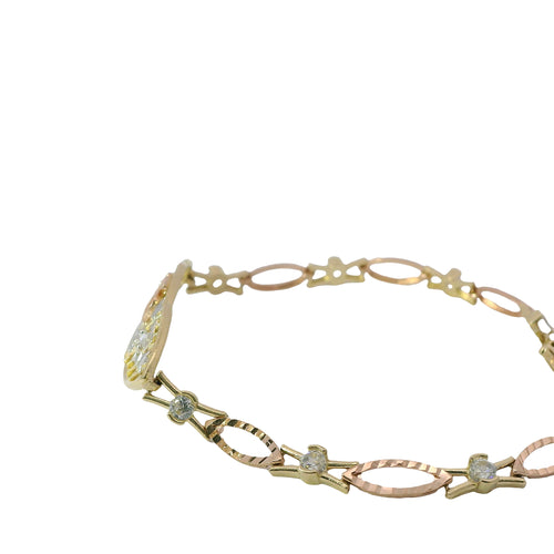 14KT Gold Bracelet Women's Tri Tone "15 Anos" Quinceanera Center Two Round White CZ Stone Center Stars Stripe Background Plaque with Alternating White CZ Stone / Eye Shape Band 4.5mm