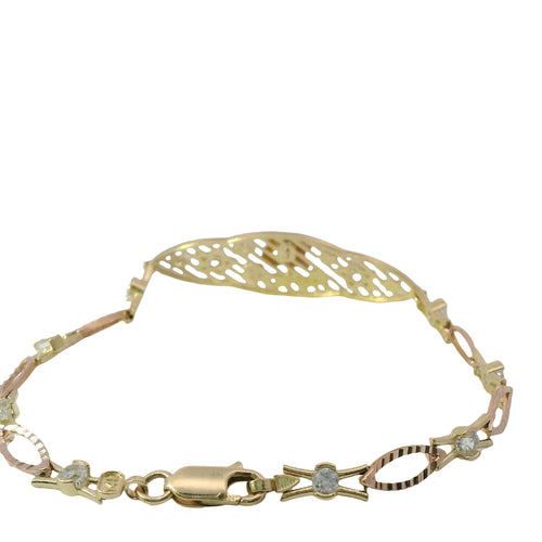14KT Gold Bracelet Women's Tri Tone "15 Anos" Quinceanera Center Two Round White CZ Stone Center Stars Stripe Background Plaque with Alternating White CZ Stone / Eye Shape Band 4.5mm