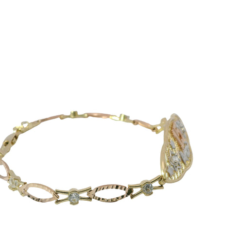 14KT Gold Bracelet Women's Tri Tone "15 Anos" Quinceanera Center Two Round White CZ Stone Center Stars Stripe Background Plaque with Alternating White CZ Stone / Eye Shape Band 4.5mm