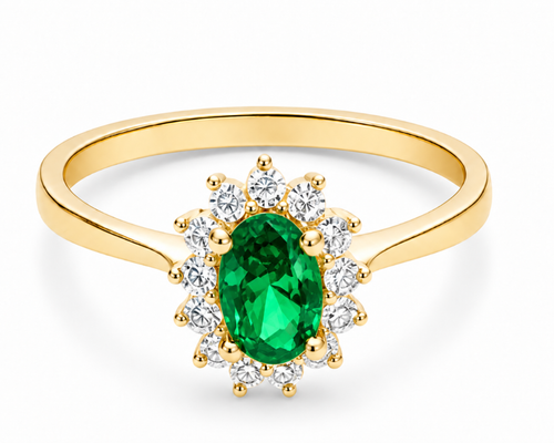 14KT Gold Ring Women's Flower Oval Dark Green Center with White CZ Stones Petals and Plain Band