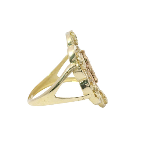 14KT Gold Ring Women's Two Tone Oval Virgin Mary Sunray Center with White CZ Stones Border Floral Ribbon Border Split Band