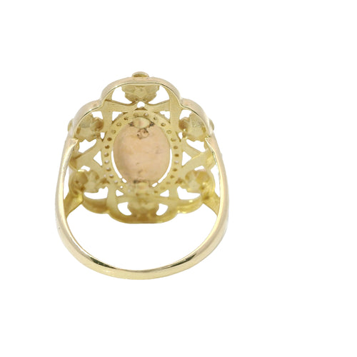 14KT Gold Ring Women's Two Tone Oval Virgin Mary Sunray Center with White CZ Stones Border Floral Ribbon Border Split Band