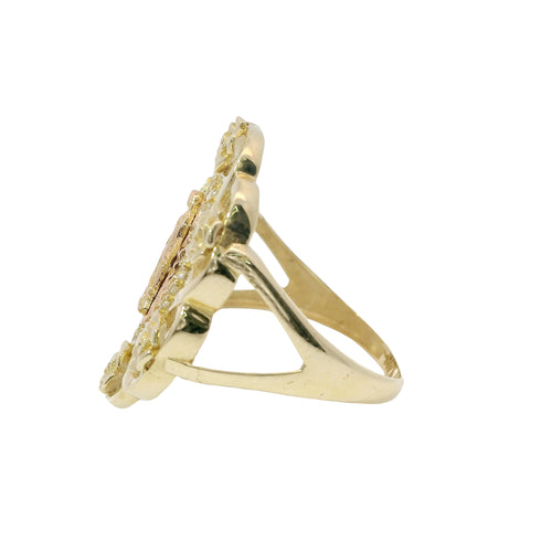 14KT Gold Ring Women's Two Tone Oval Virgin Mary Sunray Center with White CZ Stones Border Floral Ribbon Border Split Band
